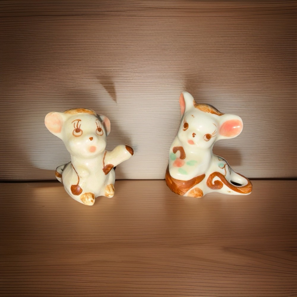 2 Mini Mice Figures Ceramic Vintage Miniature 1"x1 Animal w Flower Mouse Japan